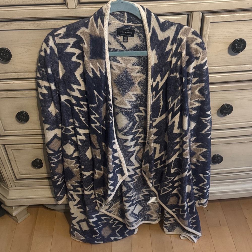 Lucky Brand Navy and Cream Geometric Cardigan